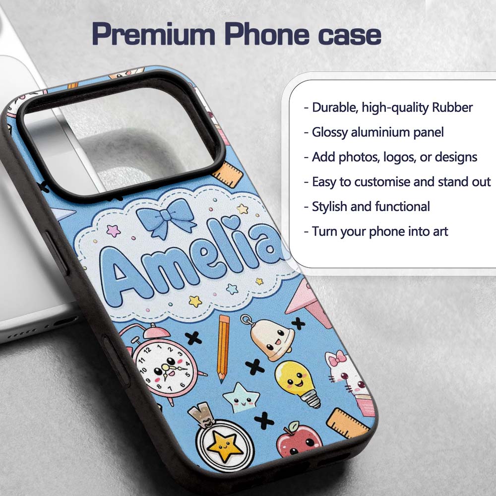 Cute Kawaii School Supplies Cat Printed Design Custom Name Protective Phone Case Mobile Cover Durable Everyday Smartphone Shock Resistant