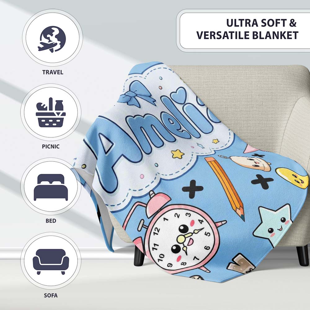 Cute Kawaii School Supplies Cat Books Clock Pencil Blue Seamless  Personalised Custom Name Super Soft Fleece Blanket Bed Sofa Throw
