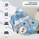Cute Kawaii School Supplies Cat Books Clock Pencil Blue Seamless  Personalised Custom Name Super Soft Fleece Blanket Bed Sofa Throw