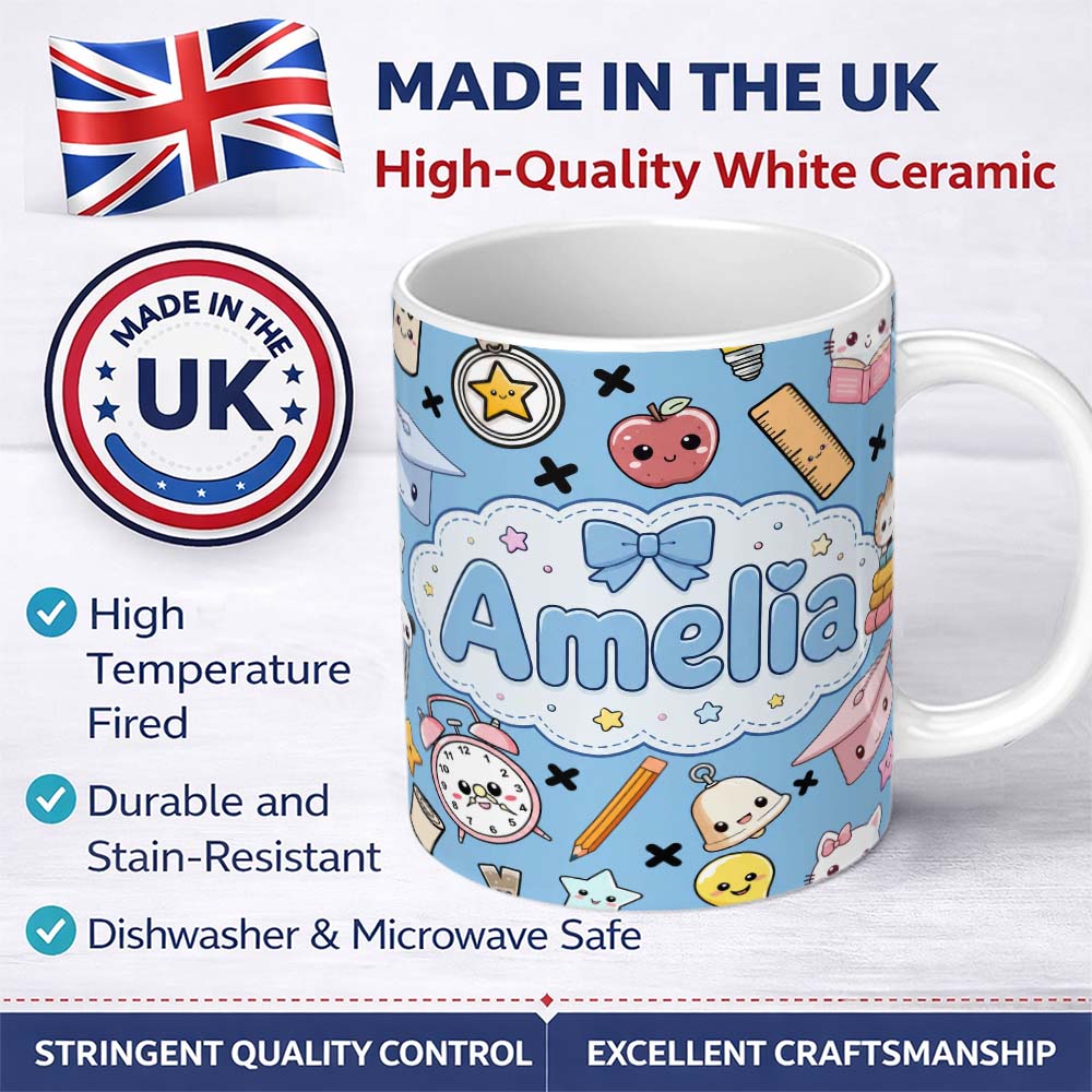 Personalized Custom Name Cute Kawaii School Supplies Cat Books Clock Pencil Blue Seamless 11oz Ceramic Coffee Tea Mug White Large Handle