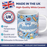 Personalized Custom Name Cute Kawaii School Supplies Cat Books Clock Pencil Blue Seamless 11oz Ceramic Coffee Tea Mug White Large Handle