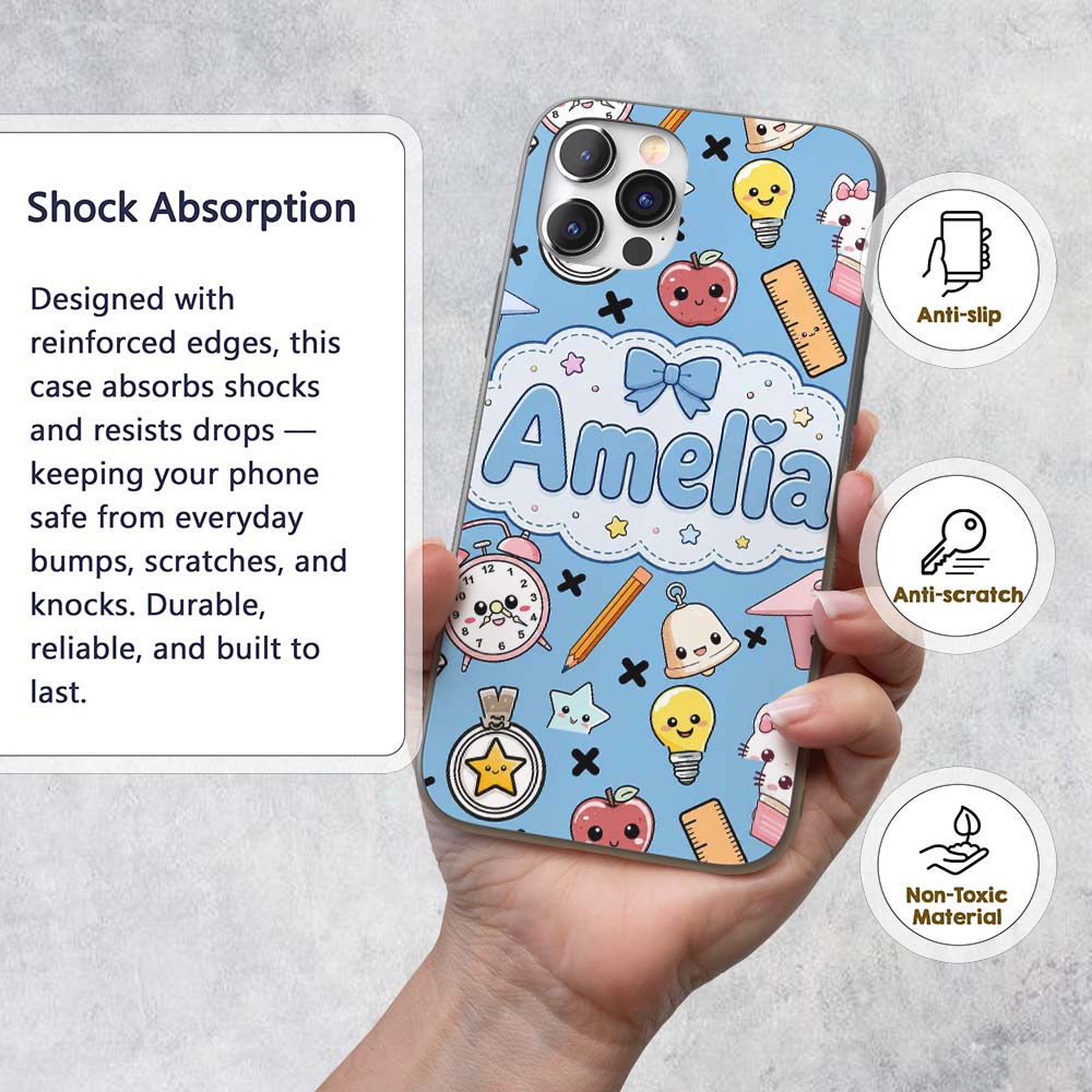 Cute Kawaii School Supplies Cat Printed Design Custom Name Protective Phone Case Mobile Cover Durable Everyday Smartphone Shock Resistant