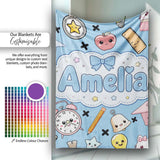 Cute Kawaii School Supplies Cat Books Clock Pencil Blue Seamless  Personalised Custom Name Super Soft Fleece Blanket Bed Sofa Throw