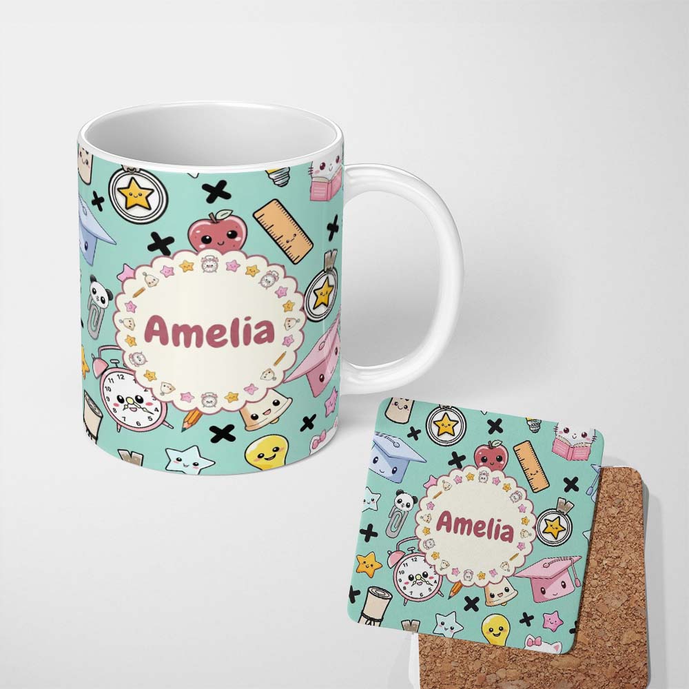 Personalized Custom Name Cute Kawaii School Supplies Cat Books Clock Pencil Green Seamless 11oz Ceramic Coffee Tea Mug White Large Handle