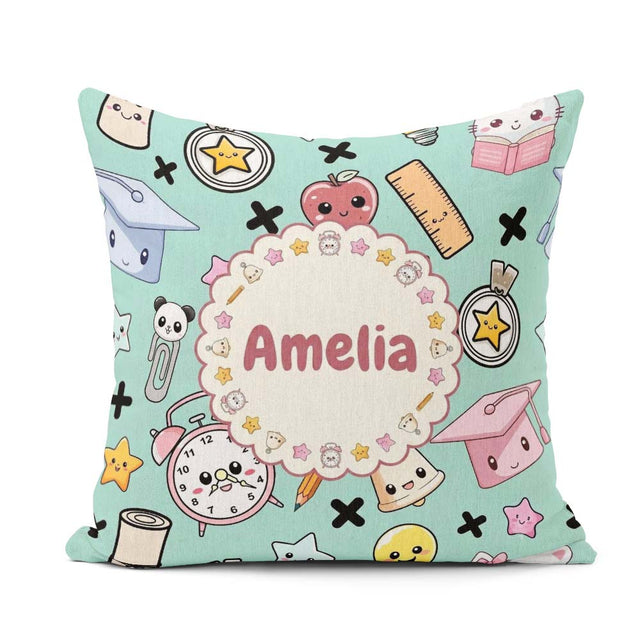 Custom Name Kawaii School Supplies Cat Books Clock Pencil Green Square Filled Cushion Throw Pillow Sofa Bed Home Decor Zip Washable UK Made