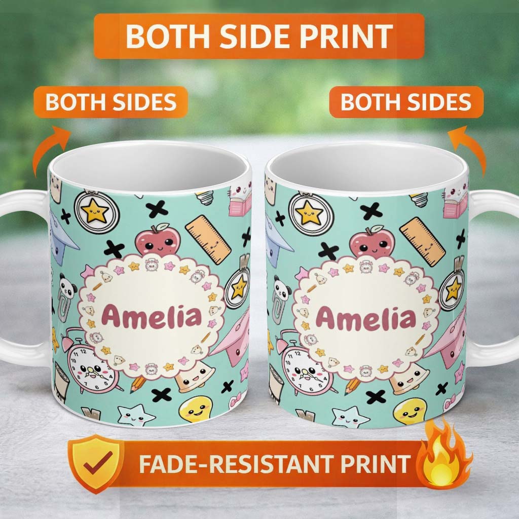 Personalized Custom Name Cute Kawaii School Supplies Cat Books Clock Pencil Green Seamless 11oz Ceramic Coffee Tea Mug White Large Handle