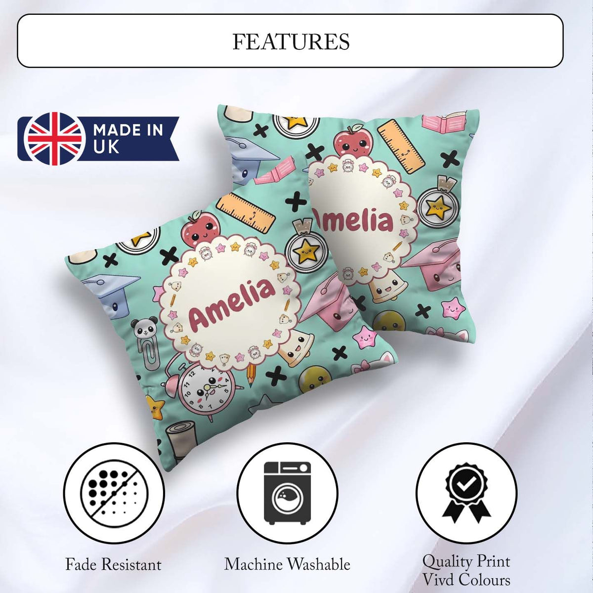 Custom Name Kawaii School Supplies Cat Books Clock Pencil Green Square Filled Cushion Throw Pillow Sofa Bed Home Decor Zip Washable UK Made