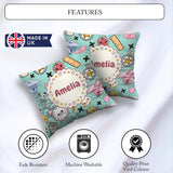 Custom Name Kawaii School Supplies Cat Books Clock Pencil Green Square Filled Cushion Throw Pillow Sofa Bed Home Decor Zip Washable UK Made