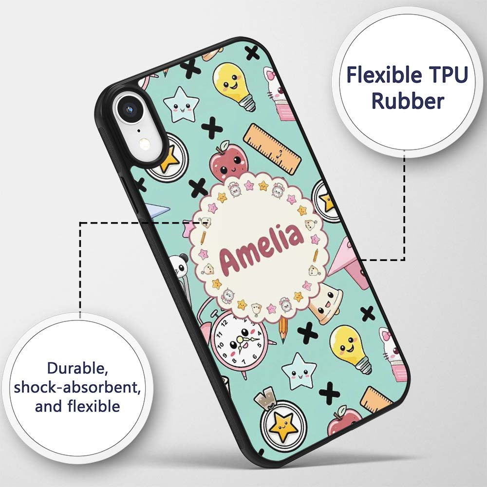 Cute Kawaii School Supplies Cat Printed Design Custom Name Protective Phone Case Mobile Cover Durable Everyday Smartphone Shock Resistant