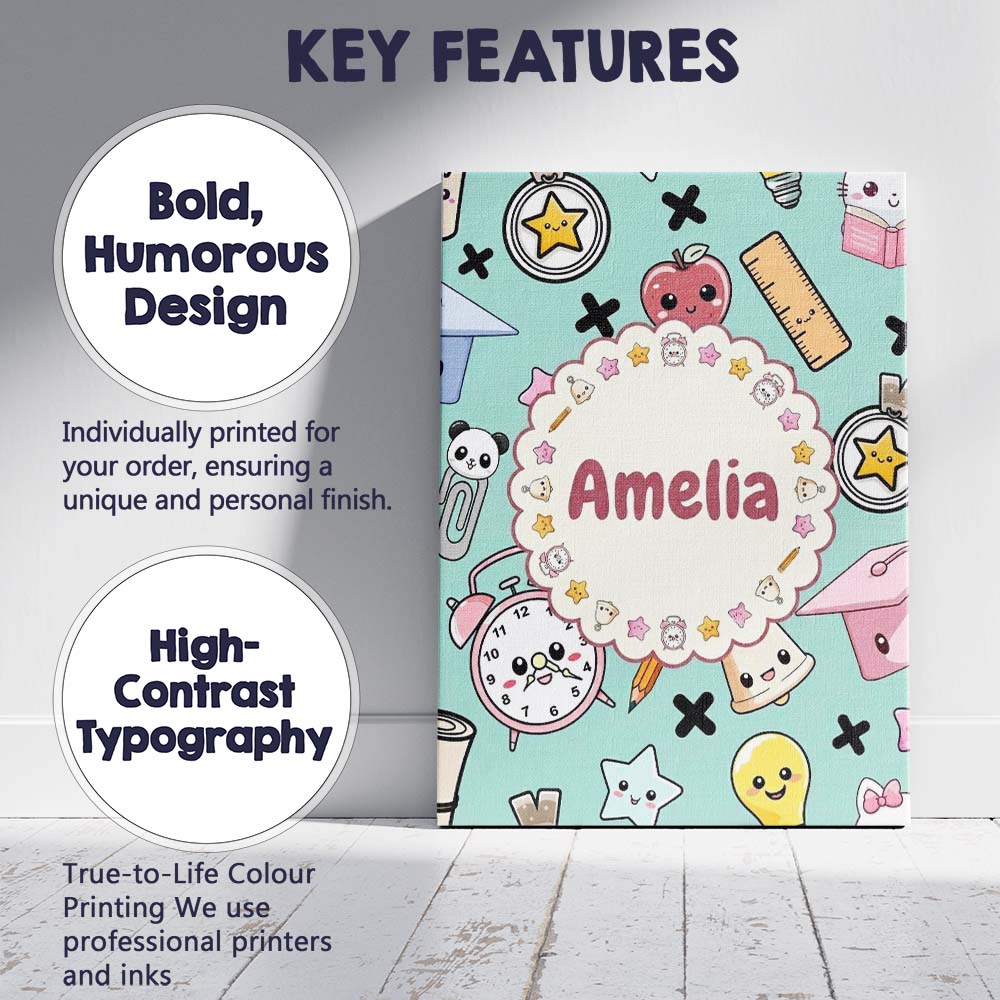 Personalised Name Cute Kawaii School Custom Premium Decorative Design Modern Room Accent Canvas Wall Art Print Decor Picture Ready to Hang