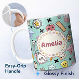 Personalized Custom Name Cute Kawaii School Supplies Cat Books Clock Pencil Green Seamless 11oz Ceramic Coffee Tea Mug White Large Handle
