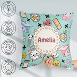 Custom Name Kawaii School Supplies Cat Books Clock Pencil Green Square Filled Cushion Throw Pillow Sofa Bed Home Decor Zip Washable UK Made