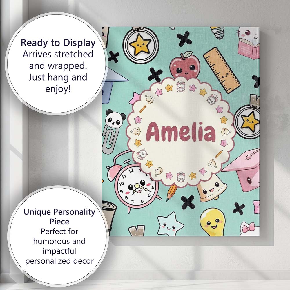 Personalised Name Cute Kawaii School Custom Premium Decorative Design Modern Room Accent Canvas Wall Art Print Decor Picture Ready to Hang
