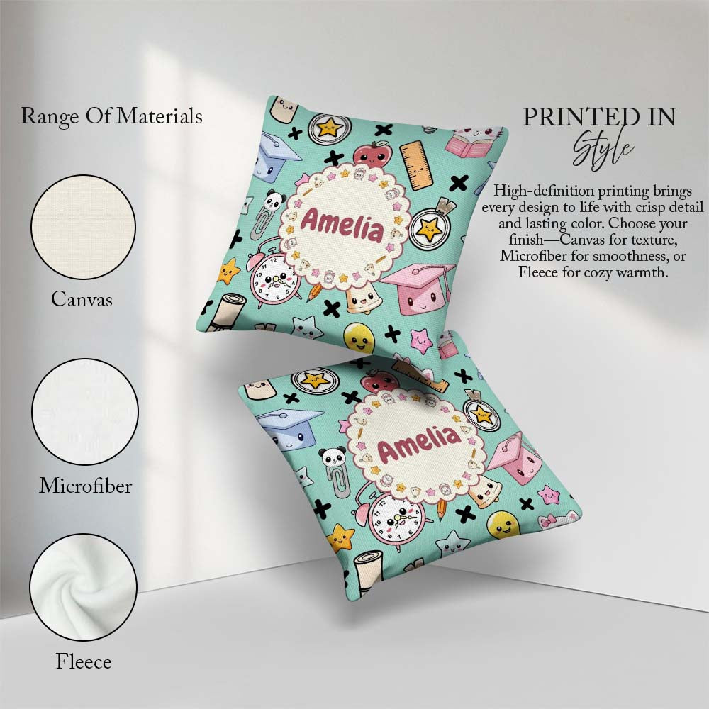Custom Name Kawaii School Supplies Cat Books Clock Pencil Green Square Filled Cushion Throw Pillow Sofa Bed Home Decor Zip Washable UK Made