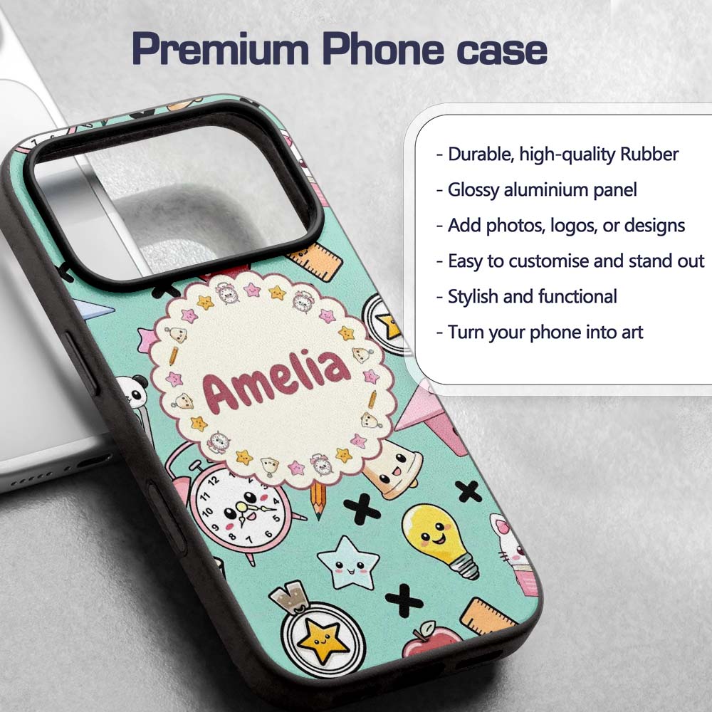 Cute Kawaii School Supplies Cat Printed Design Custom Name Protective Phone Case Mobile Cover Durable Everyday Smartphone Shock Resistant