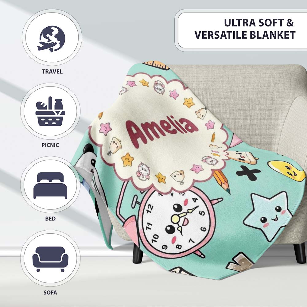 Cute Kawaii School Supplies Cat Books Clock Pencil Green Seamless  Personalised Custom Name Super Soft Fleece Blanket Bed Sofa Throw