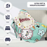 Cute Kawaii School Supplies Cat Books Clock Pencil Green Seamless  Personalised Custom Name Super Soft Fleece Blanket Bed Sofa Throw