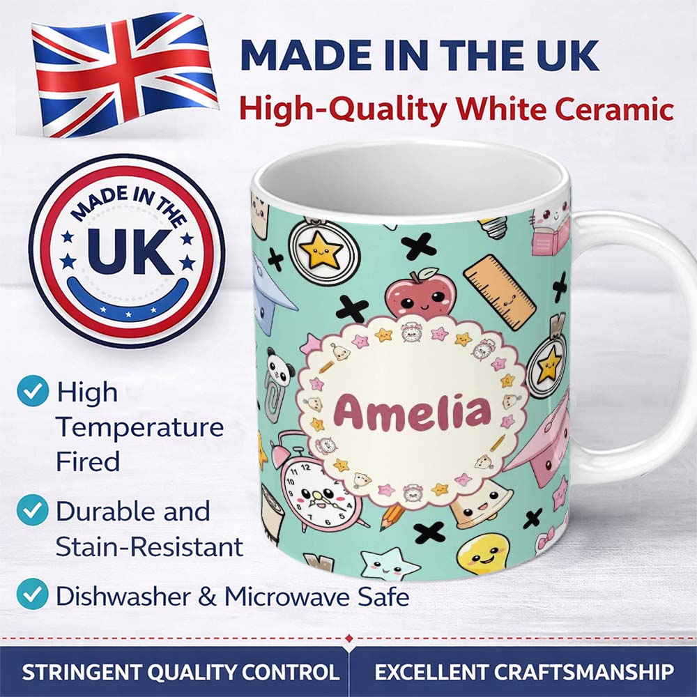 Personalized Custom Name Cute Kawaii School Supplies Cat Books Clock Pencil Green Seamless 11oz Ceramic Coffee Tea Mug White Large Handle