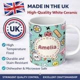 Personalized Custom Name Cute Kawaii School Supplies Cat Books Clock Pencil Green Seamless 11oz Ceramic Coffee Tea Mug White Large Handle