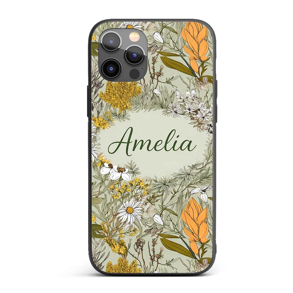 Vintage Botanical Floral Sage Green Detailed Custom Name Protective Phone Case Mobile Cover Durable Everyday Smartphone Shock Resistant
