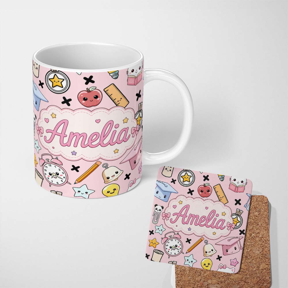 Personalized Custom Name Cute Kawaii School Supplies Cat Books Clock Pencil Pink Seamless 11oz Ceramic Coffee Tea Mug White Large Handle