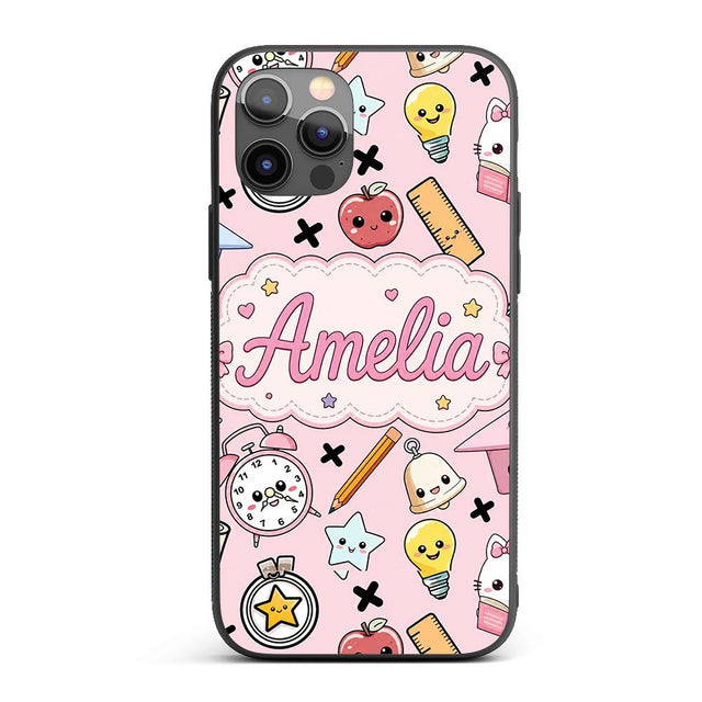 Cute Kawaii School Supplies Cat Printed Design Custom Name Protective Phone Case Mobile Cover Durable Everyday Smartphone Shock Resistant