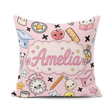 Custom Name Kawaii School Supplies Cat Books Clock Pink Seamless Square Filled Cushion Throw Pillow Sofa Bed Home Decor Zip Washable UK Made