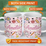 Personalized Custom Name Cute Kawaii School Supplies Cat Books Clock Pencil Pink Seamless 11oz Ceramic Coffee Tea Mug White Large Handle