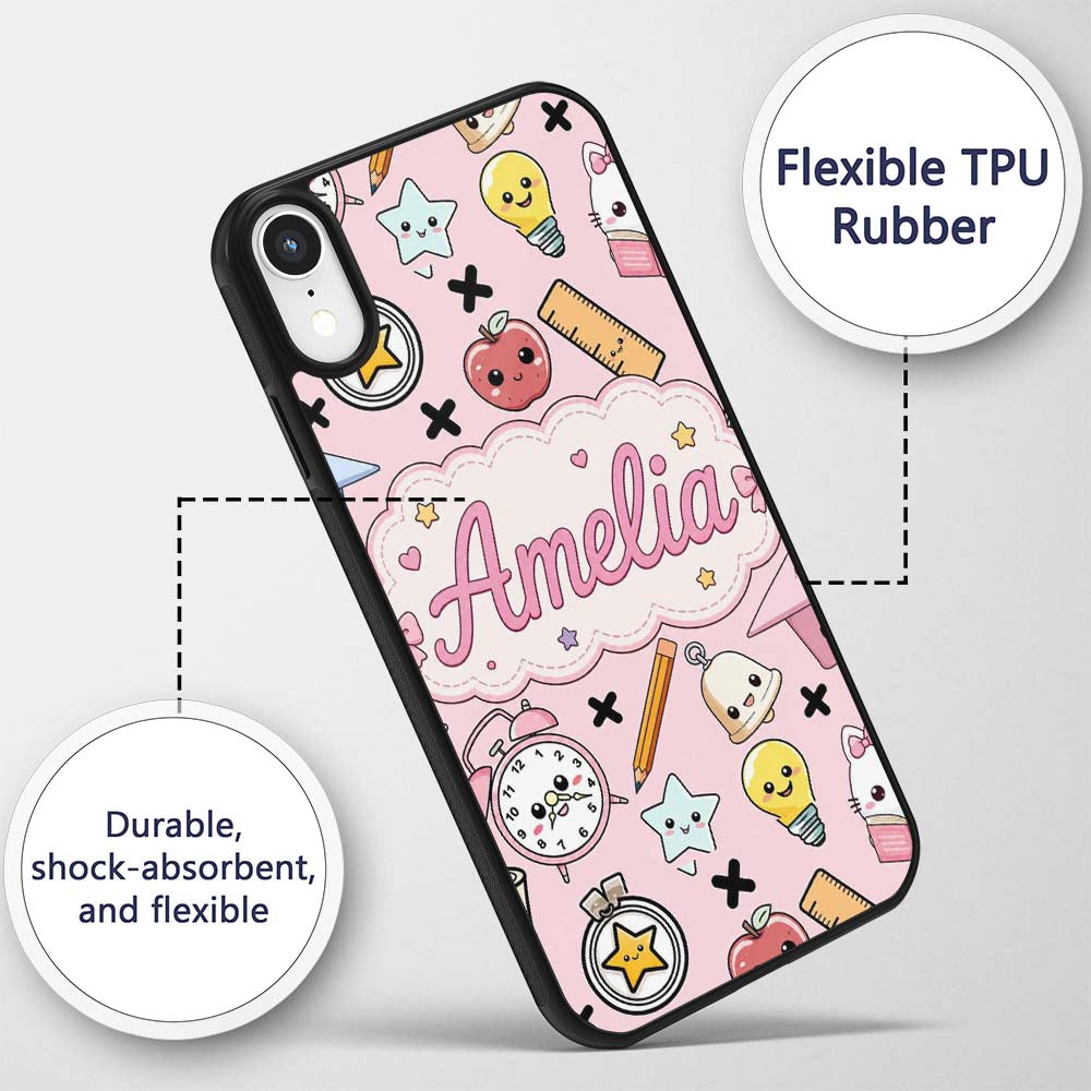 Cute Kawaii School Supplies Cat Printed Design Custom Name Protective Phone Case Mobile Cover Durable Everyday Smartphone Shock Resistant