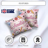 Custom Name Kawaii School Supplies Cat Books Clock Pink Seamless Square Filled Cushion Throw Pillow Sofa Bed Home Decor Zip Washable UK Made
