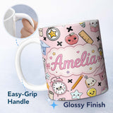 Personalized Custom Name Cute Kawaii School Supplies Cat Books Clock Pencil Pink Seamless 11oz Ceramic Coffee Tea Mug White Large Handle