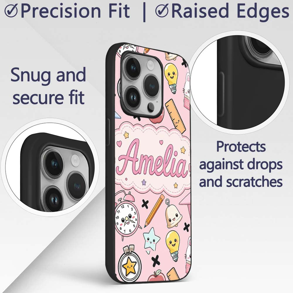 Cute Kawaii School Supplies Cat Printed Design Custom Name Protective Phone Case Mobile Cover Durable Everyday Smartphone Shock Resistant