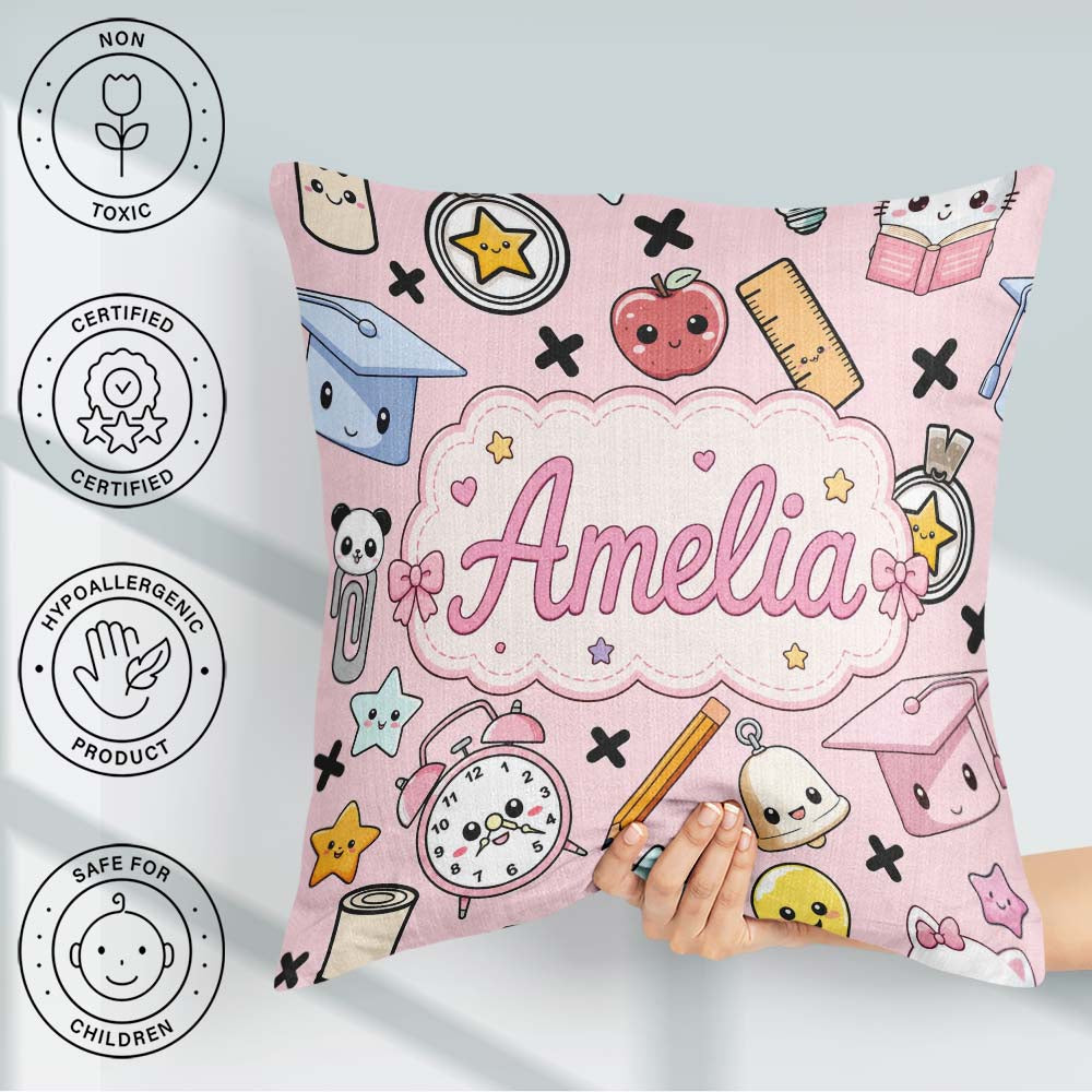 Custom Name Kawaii School Supplies Cat Books Clock Pink Seamless Square Filled Cushion Throw Pillow Sofa Bed Home Decor Zip Washable UK Made