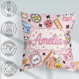 Custom Name Kawaii School Supplies Cat Books Clock Pink Seamless Square Filled Cushion Throw Pillow Sofa Bed Home Decor Zip Washable UK Made