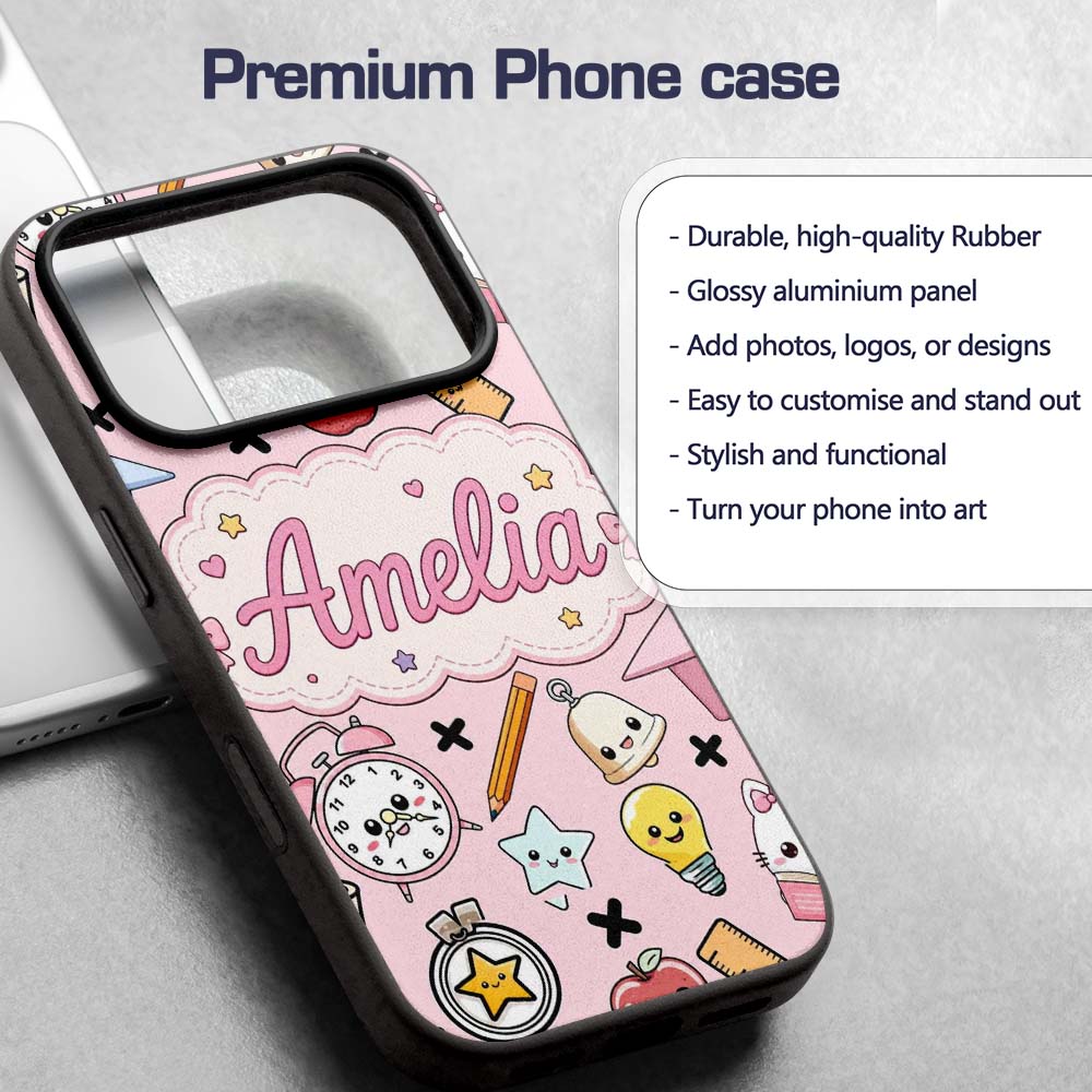 Cute Kawaii School Supplies Cat Printed Design Custom Name Protective Phone Case Mobile Cover Durable Everyday Smartphone Shock Resistant