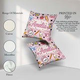 Custom Name Kawaii School Supplies Cat Books Clock Pink Seamless Square Filled Cushion Throw Pillow Sofa Bed Home Decor Zip Washable UK Made