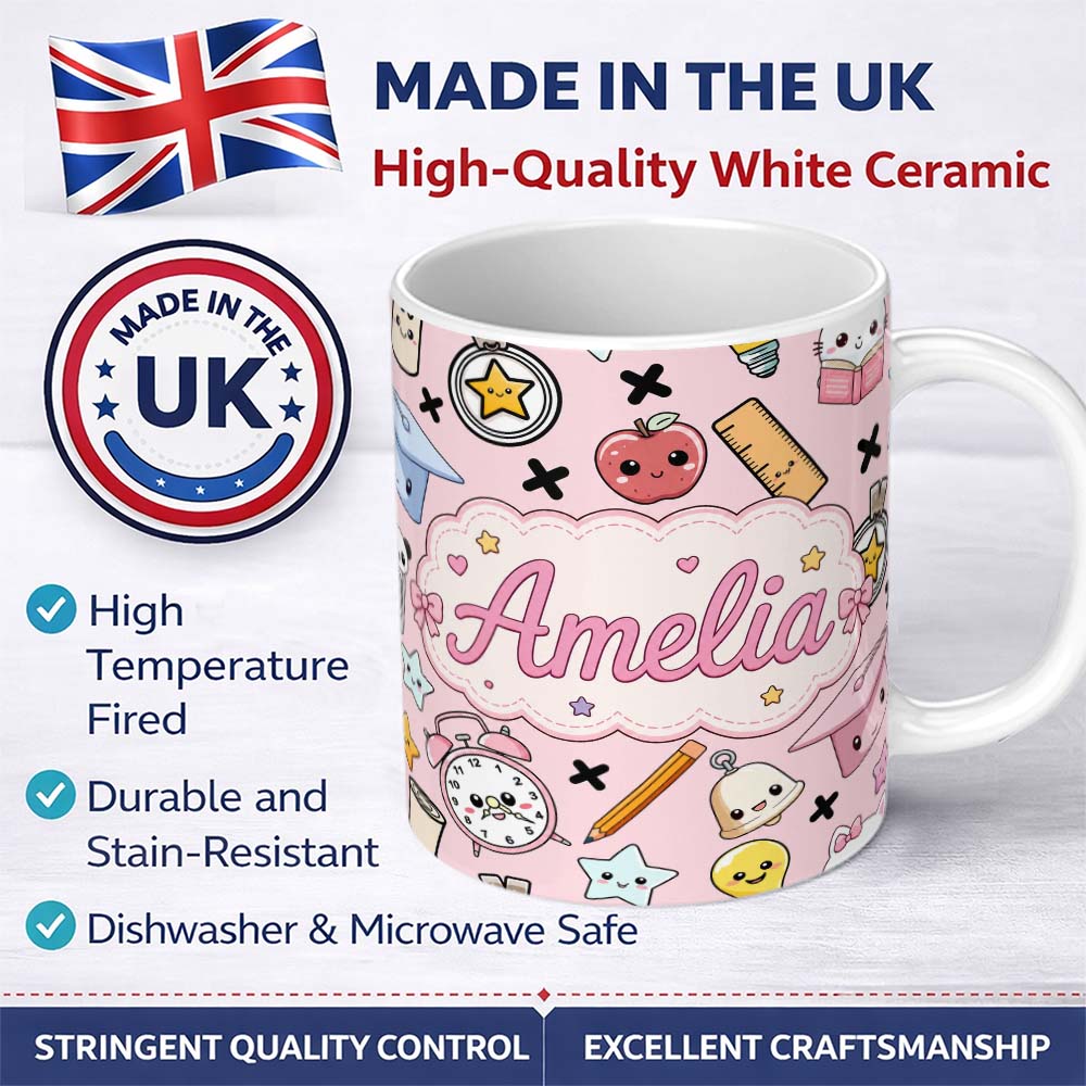 Personalized Custom Name Cute Kawaii School Supplies Cat Books Clock Pencil Pink Seamless 11oz Ceramic Coffee Tea Mug White Large Handle