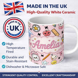 Personalized Custom Name Cute Kawaii School Supplies Cat Books Clock Pencil Pink Seamless 11oz Ceramic Coffee Tea Mug White Large Handle
