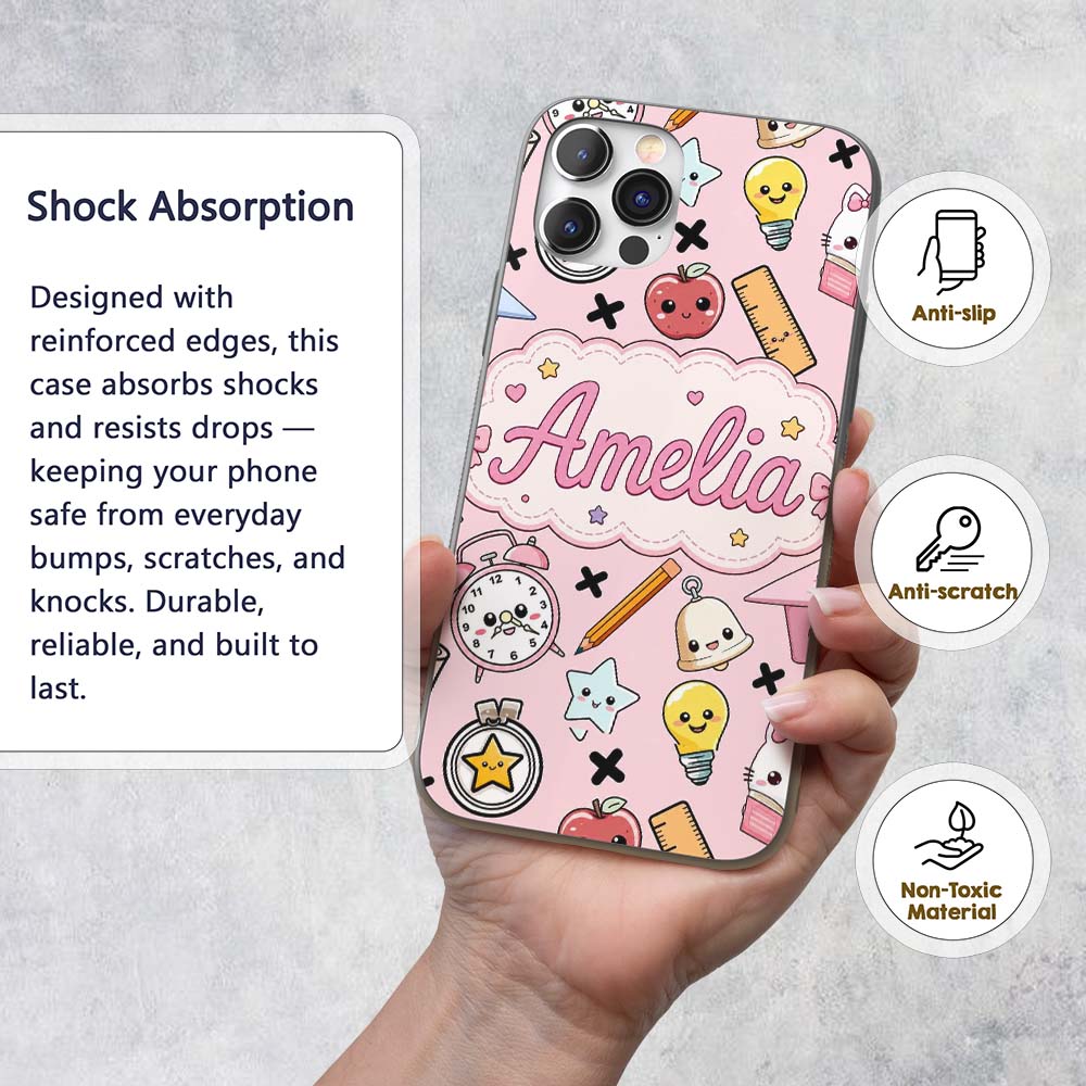 Cute Kawaii School Supplies Cat Printed Design Custom Name Protective Phone Case Mobile Cover Durable Everyday Smartphone Shock Resistant