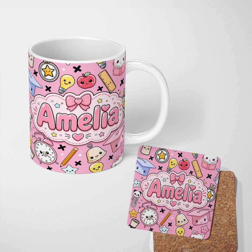 Personalized Custom Name Cute Kawaii School Cat Books Apple Clock Bell Pencil Seamless 11oz Ceramic Coffee Tea Mug White Large Handle