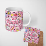 Personalized Custom Name Cute Kawaii School Cat Books Apple Clock Bell Pencil Seamless 11oz Ceramic Coffee Tea Mug White Large Handle