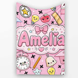 Cute Kawaii School Cat Books Apple Clock Bell Pencil Seamless  Personalised Custom Name Super Soft Fleece Blanket Bed Sofa Throw
