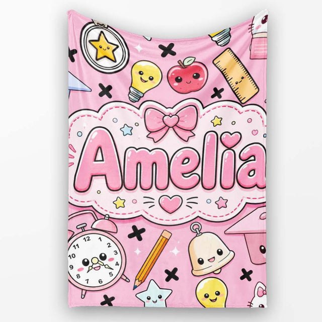 Cute Kawaii School Cat Books Apple Clock Bell Pencil Seamless  Personalised Custom Name Super Soft Fleece Blanket Bed Sofa Throw