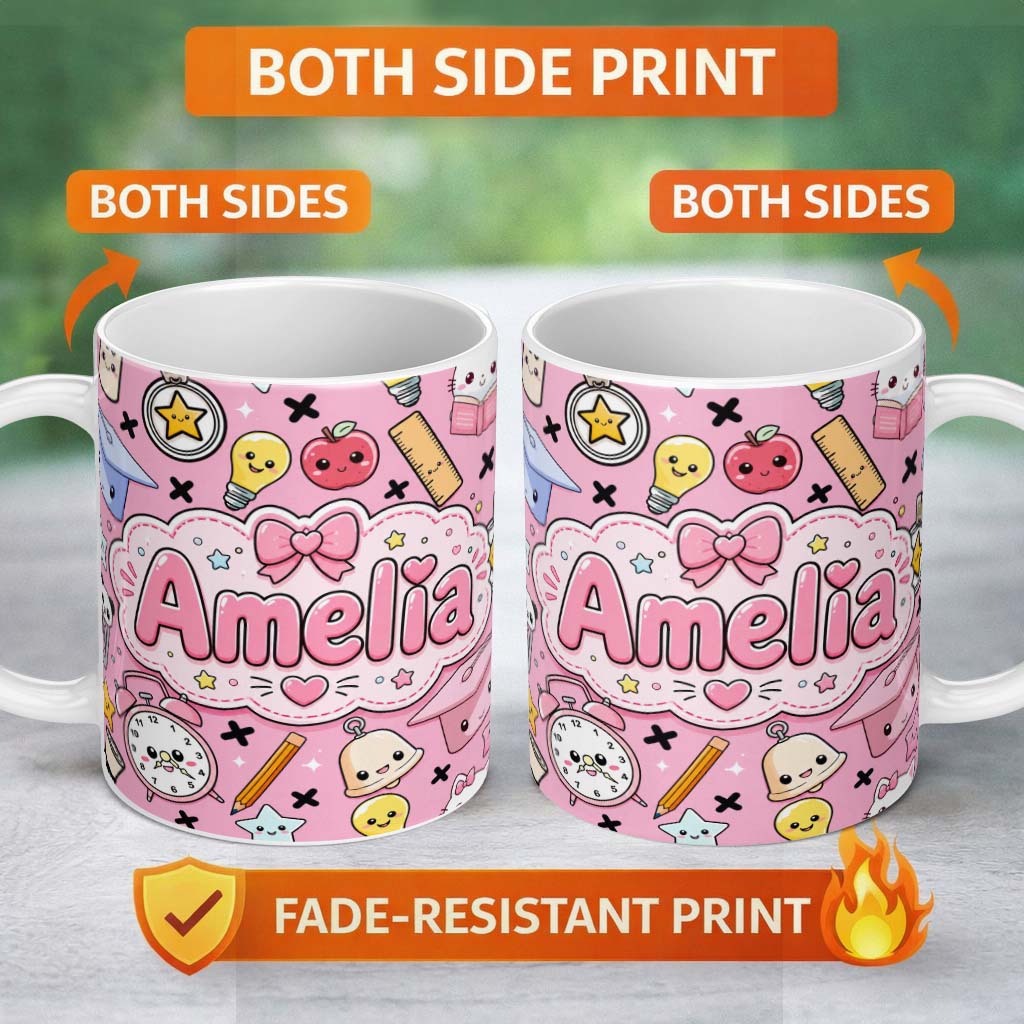 Personalized Custom Name Cute Kawaii School Cat Books Apple Clock Bell Pencil Seamless 11oz Ceramic Coffee Tea Mug White Large Handle