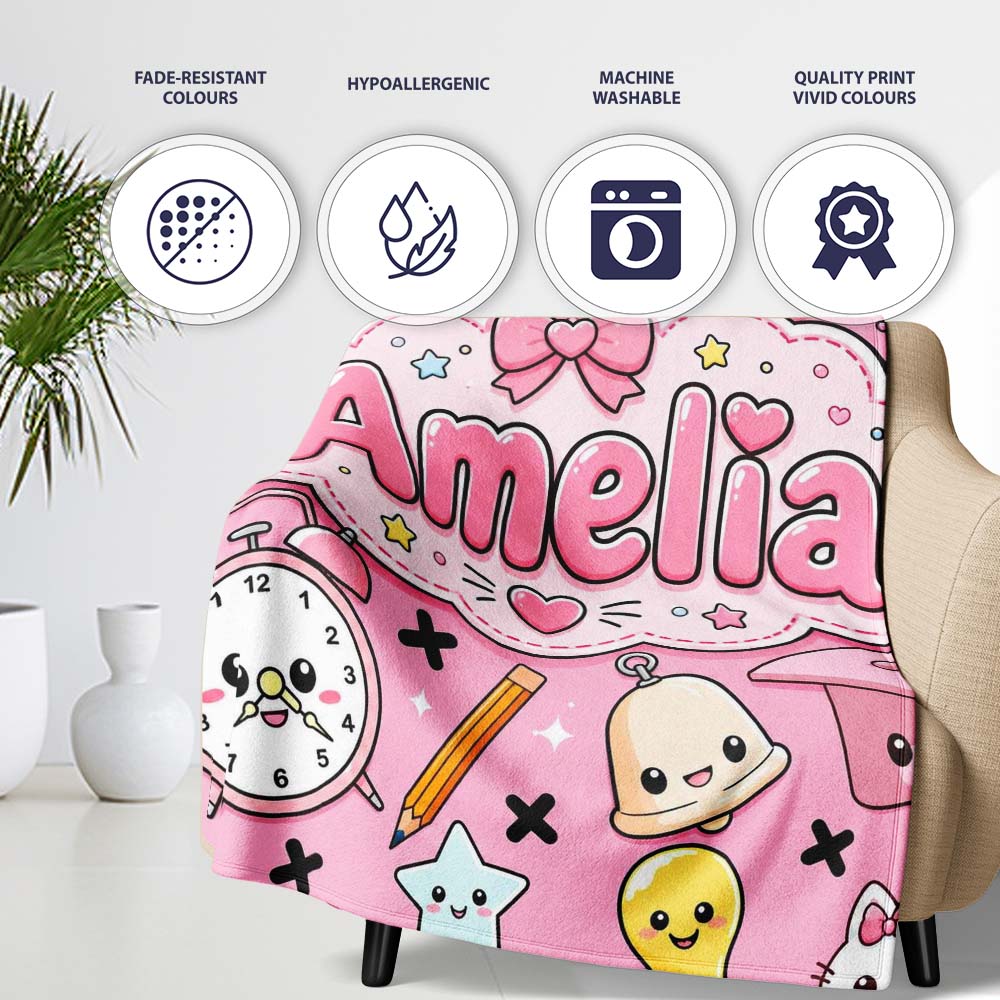 Cute Kawaii School Cat Books Apple Clock Bell Pencil Seamless  Personalised Custom Name Super Soft Fleece Blanket Bed Sofa Throw