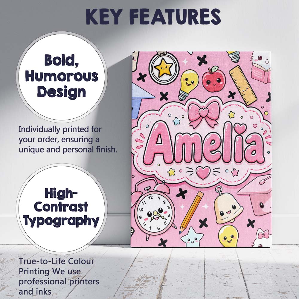 Personalised Name Cute Kawaii School Cat Custom  Unique Gift Idea Elegant Feature Canvas Wall Art Print Decor Picture Ready to Hang