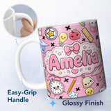 Personalized Custom Name Cute Kawaii School Cat Books Apple Clock Bell Pencil Seamless 11oz Ceramic Coffee Tea Mug White Large Handle