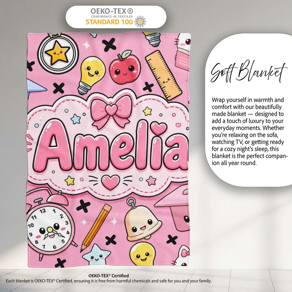 Cute Kawaii School Cat Books Apple Clock Bell Pencil Seamless  Personalised Custom Name Super Soft Fleece Blanket Bed Sofa Throw