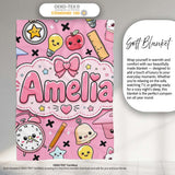 Cute Kawaii School Cat Books Apple Clock Bell Pencil Seamless  Personalised Custom Name Super Soft Fleece Blanket Bed Sofa Throw