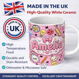 Personalized Custom Name Cute Kawaii School Cat Books Apple Clock Bell Pencil Seamless 11oz Ceramic Coffee Tea Mug White Large Handle